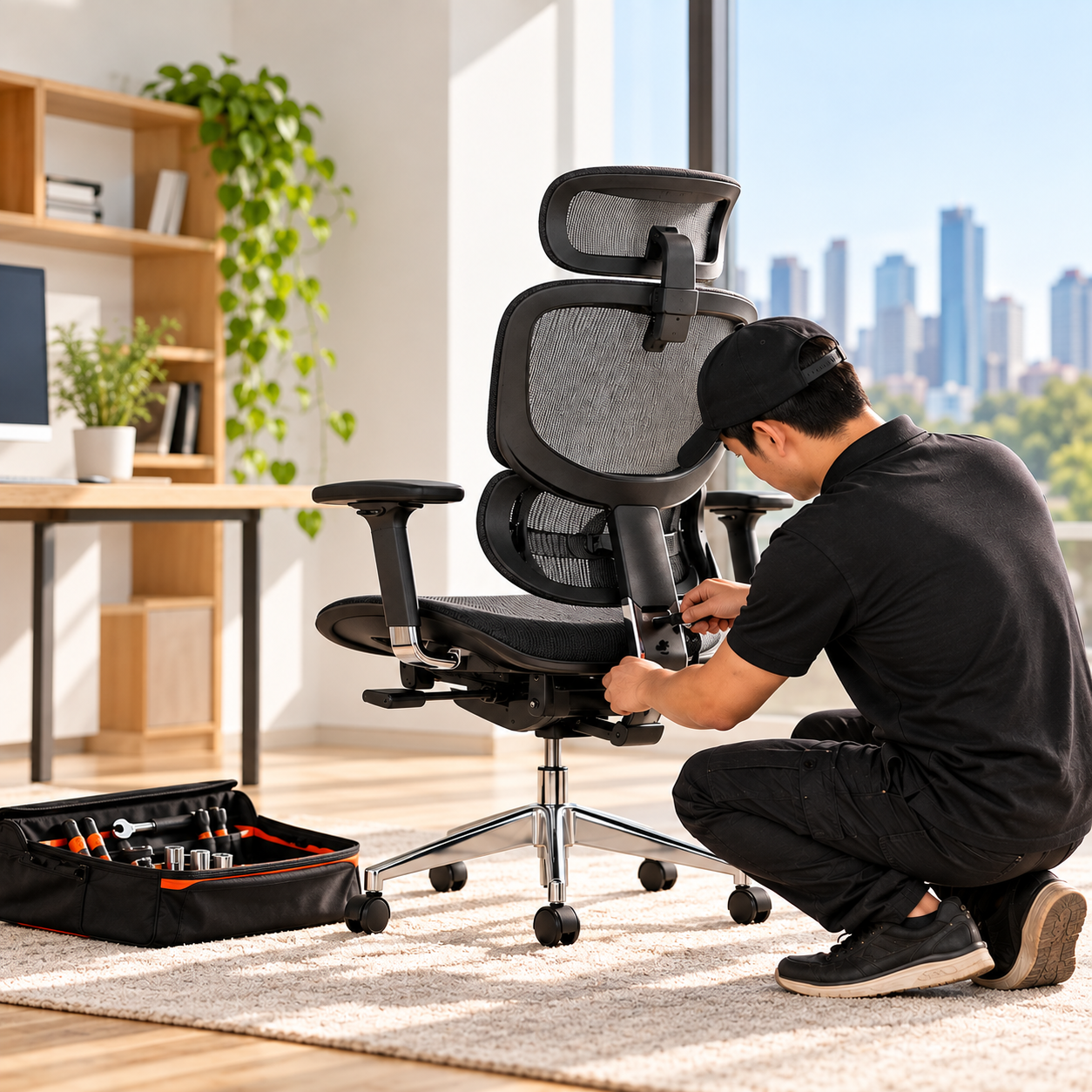 Office chair being assembled on site